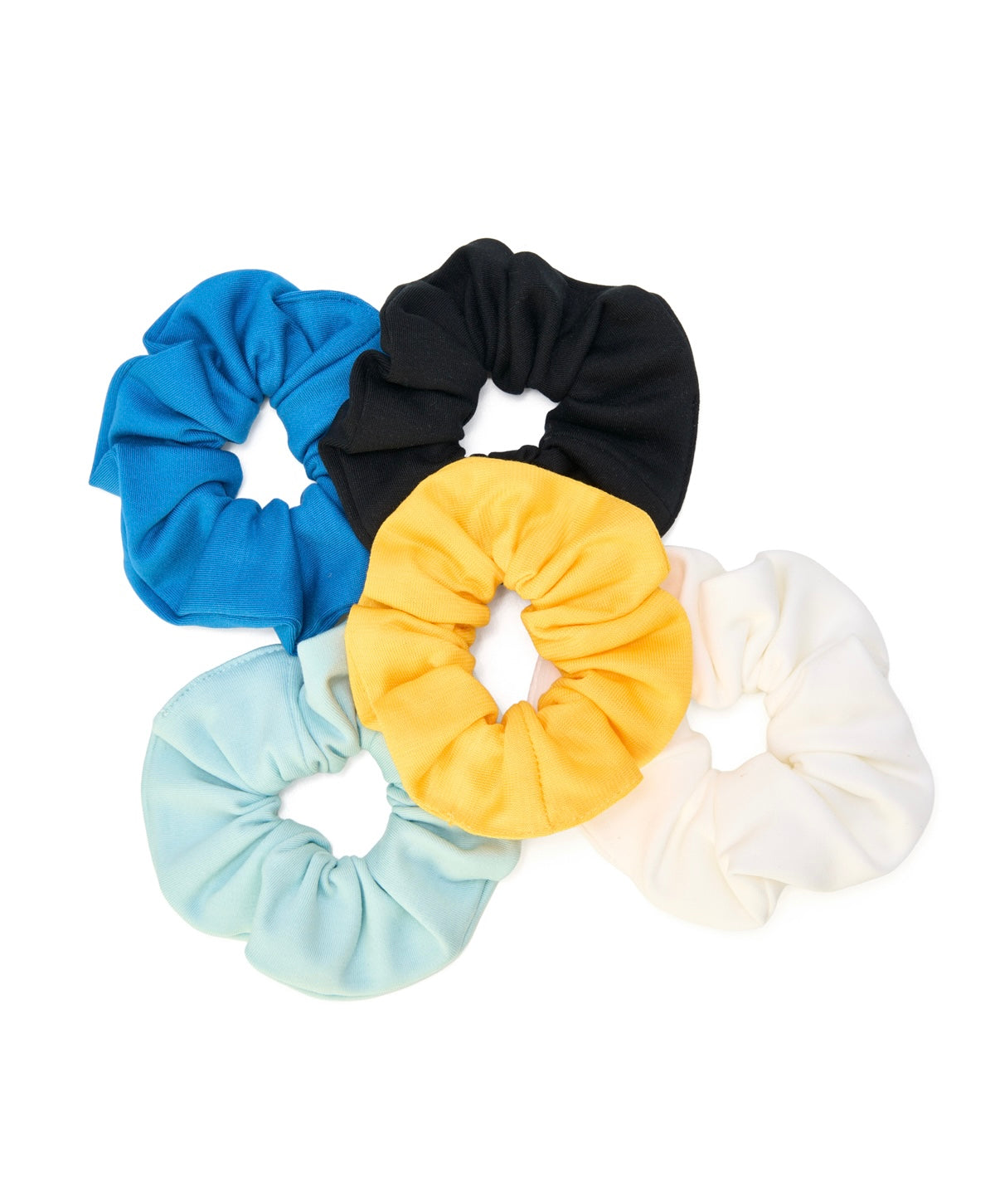 Set of five colorful zero waste scrunchies made from GOTS certified organic cotton and biodegradable elastane, eco-friendly and sustainable hair accessories by Wellicious.