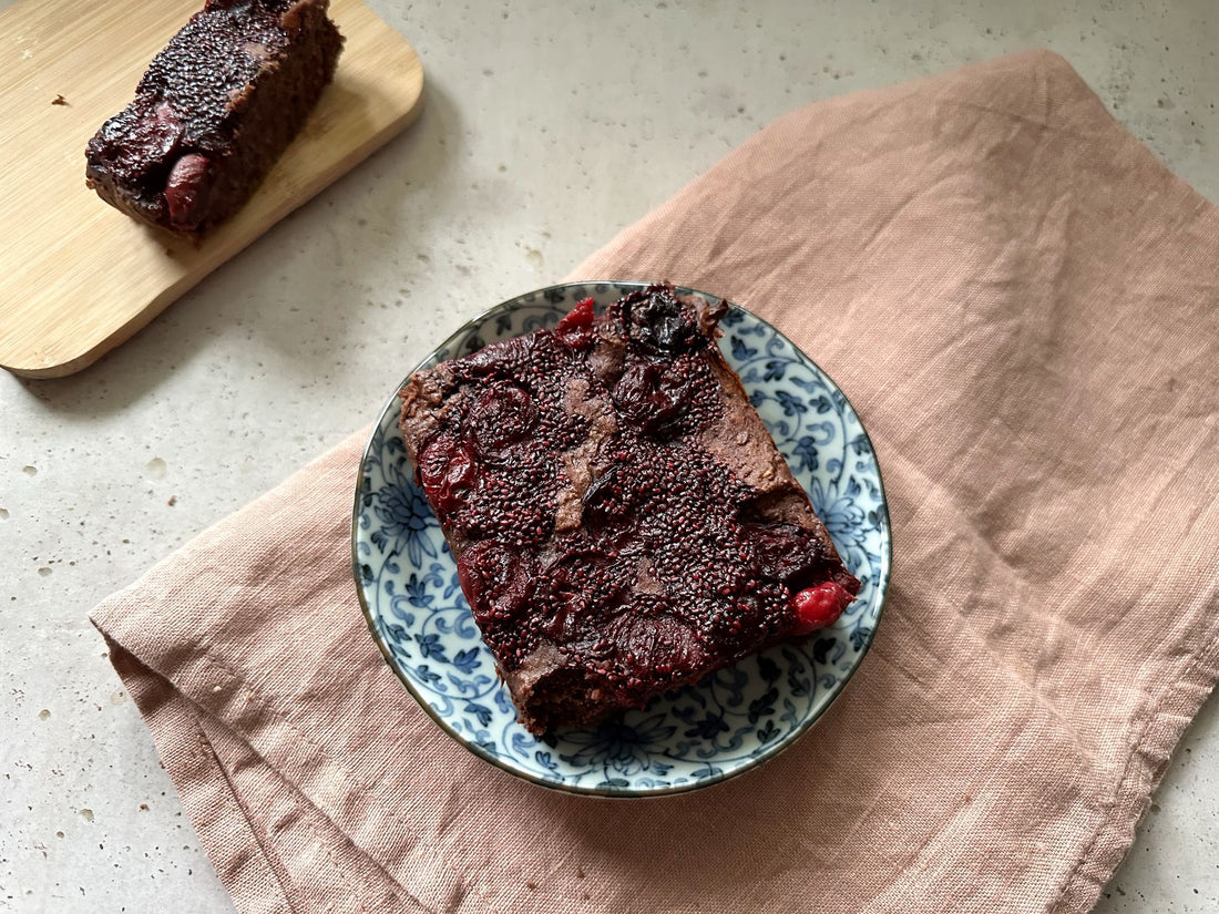 Fudgy Almond Brownies topped with Cherry Chia Jam