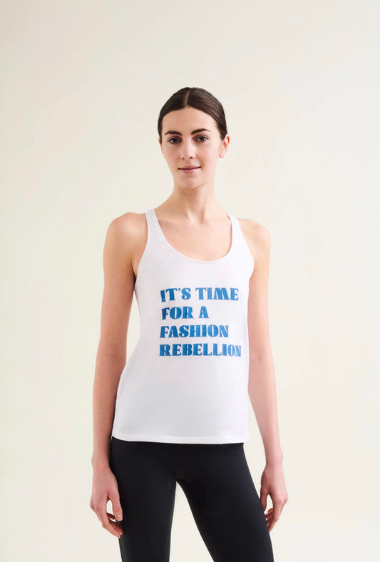 Women's sustainable and zero-waste racer tank in Diamond White, crafted from Gots certified organic Cotton, Cradle to Cradle certified Dye which in non-toxic